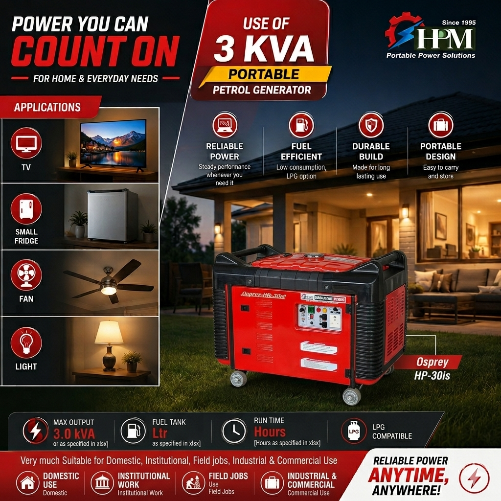3 KVA Digital Inverter Petrol Generator, Recoil & Self Start,  Model Osprey HP-30is